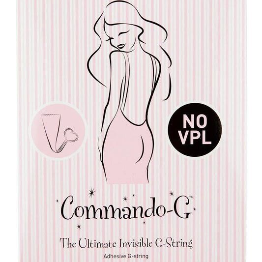 Packaging of Commando G Invisible G-String with illustration showing the product in use and text highlighting the features like 'Nude Colour' and 'NO VPL'.
