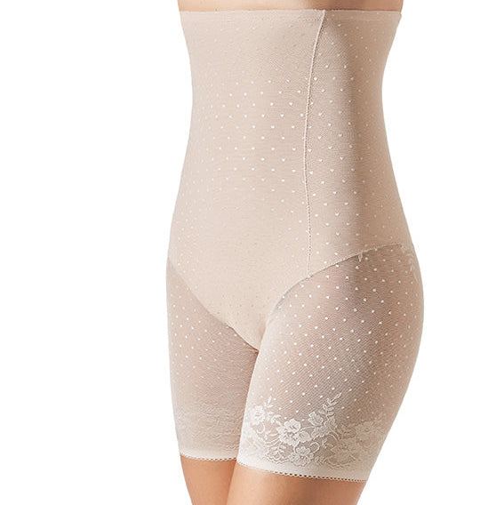 Beige shapewear with lace details on a white background