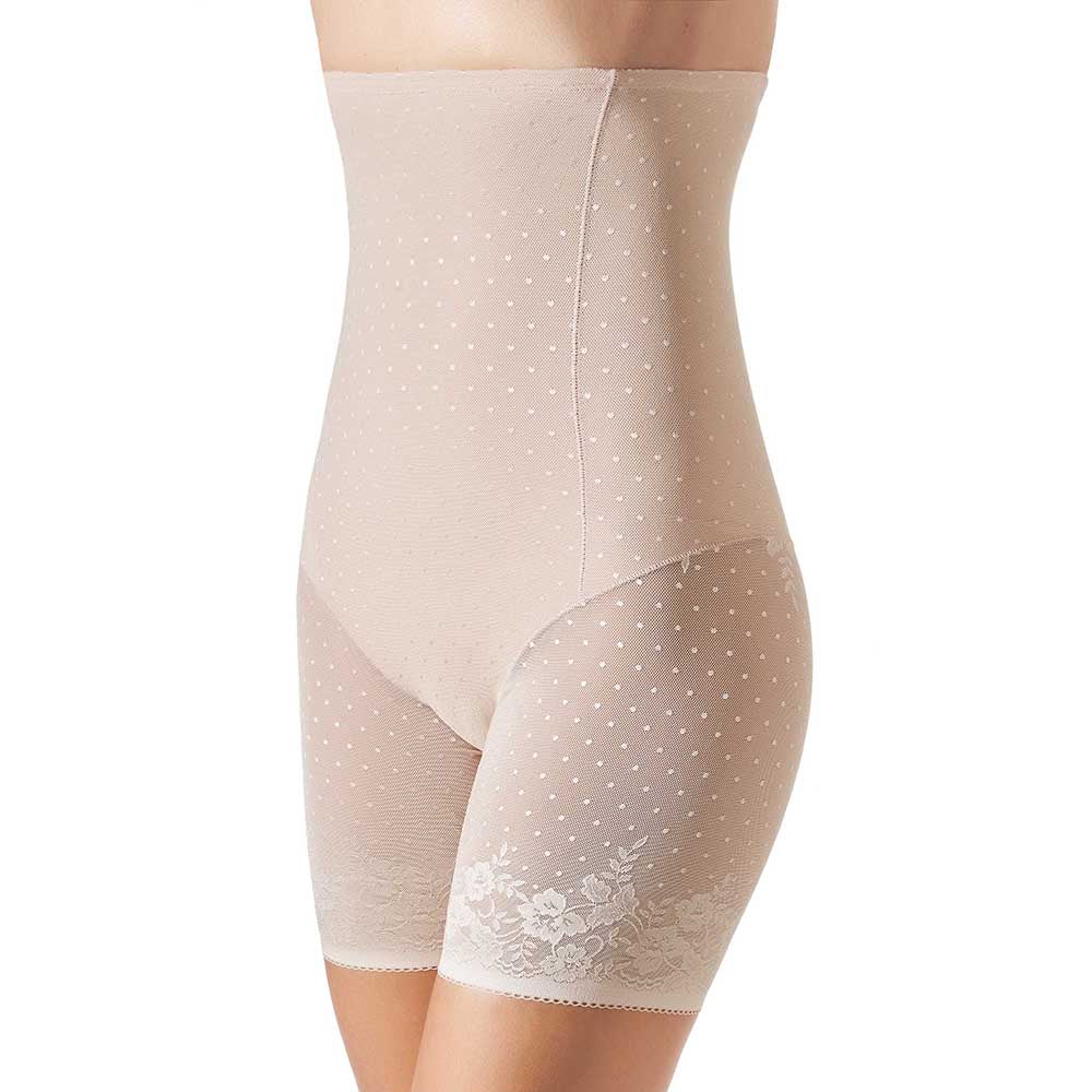 Beige shapewear with floral lace details on a white background