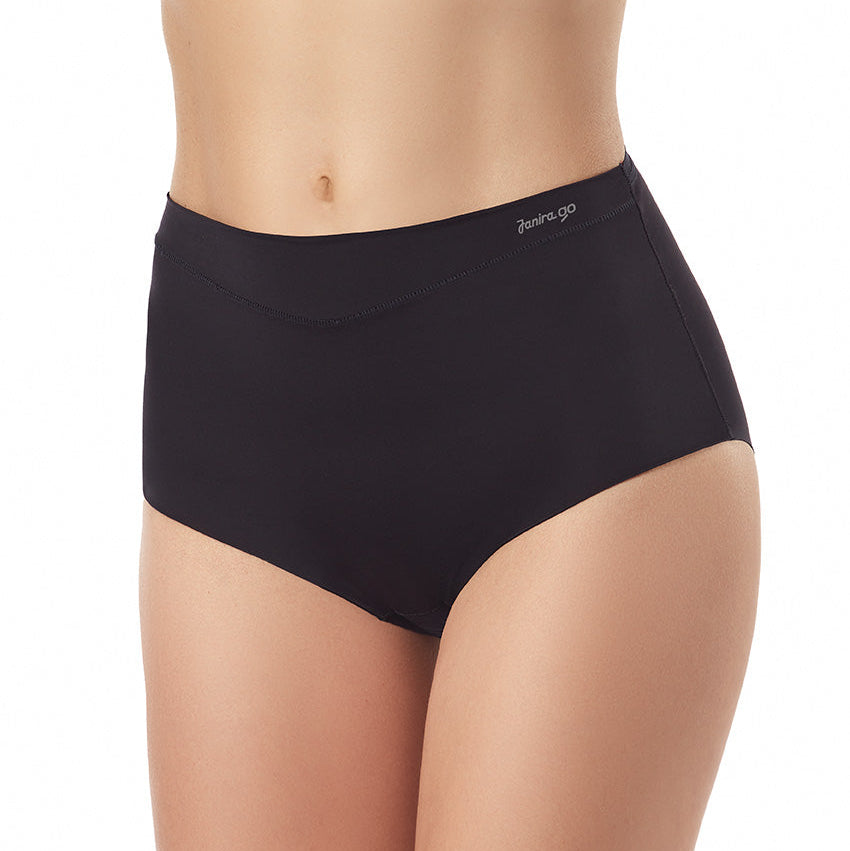 Black high-waisted underwear with a brand logo on a white background