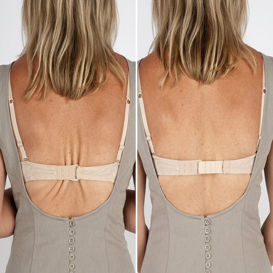 A side-by-side back view of a woman wearing a taupe dress with a deep open back, showing beige underwire bra straps and a button closure down the center.