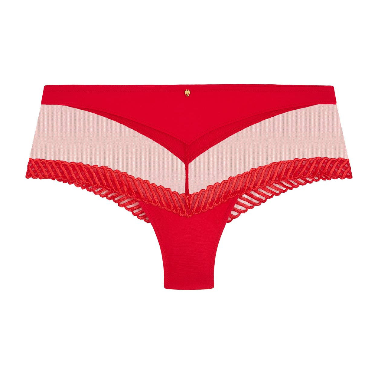 Red women's underwear with lace trim on a white background