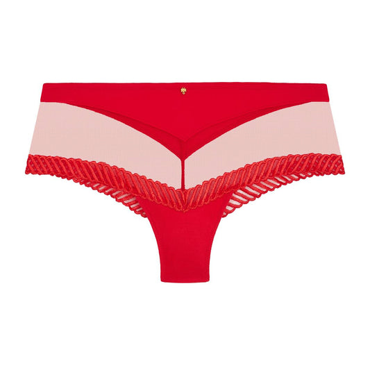 Red women's underwear with lace trim on a white background