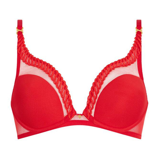 Red bra with mesh panels on a white background
