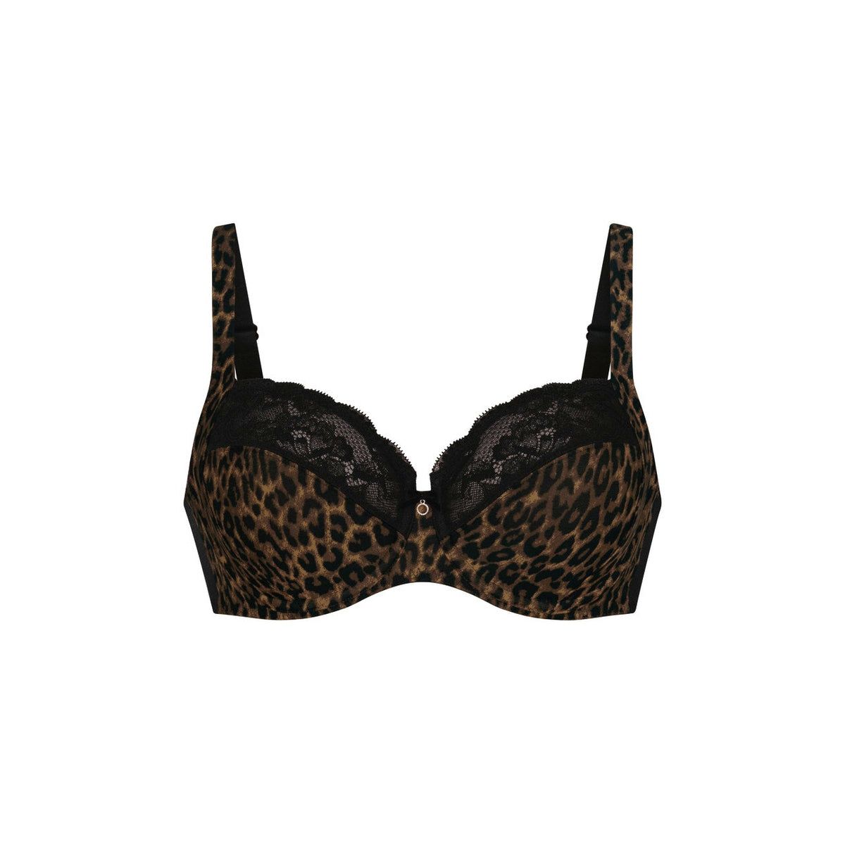 A leopard print underwire bra with black lace trim and adjustable shoulder straps, shown against a plain white background.