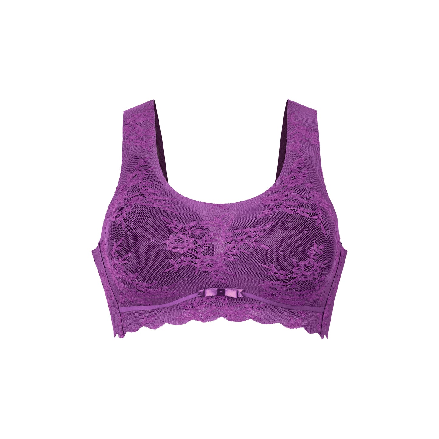 A purple lace bralette with wide shoulder straps, a scoop neckline, and a scalloped underband, shown against a plain white background.