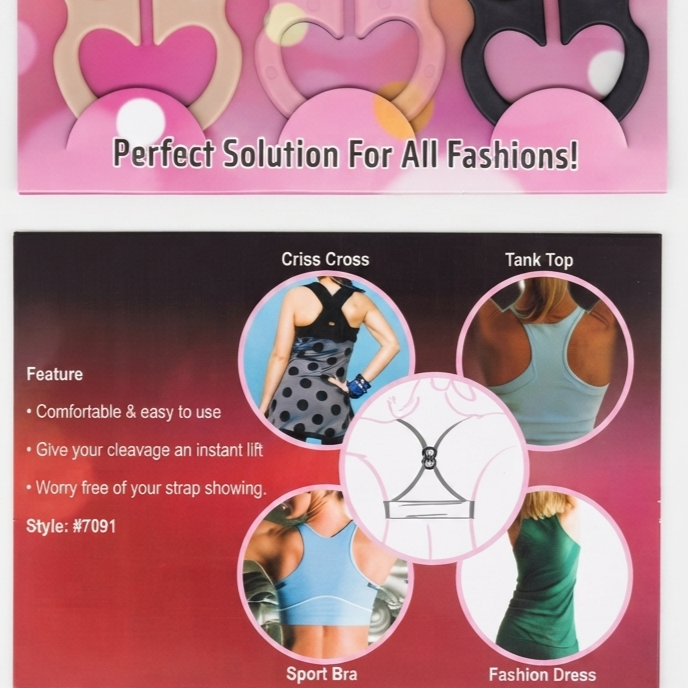 A product packaging card for a 'Bra Strap Solution' by Fitness Express, showing three pink silicone strap adjusters at the top and feature diagrams with model photos at the bottom.