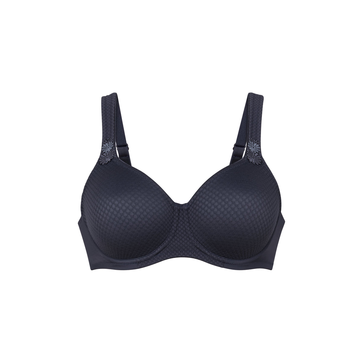 A dark navy blue seamless underwire bra with a subtle textured pattern on the cups and adjustable shoulder straps, shown against a plain white background.