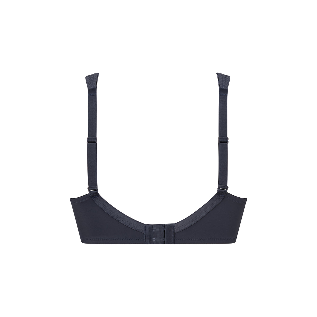 A dark navy blue bralette with wide shoulder straps and a structured underband, shown flat against a solid white background.