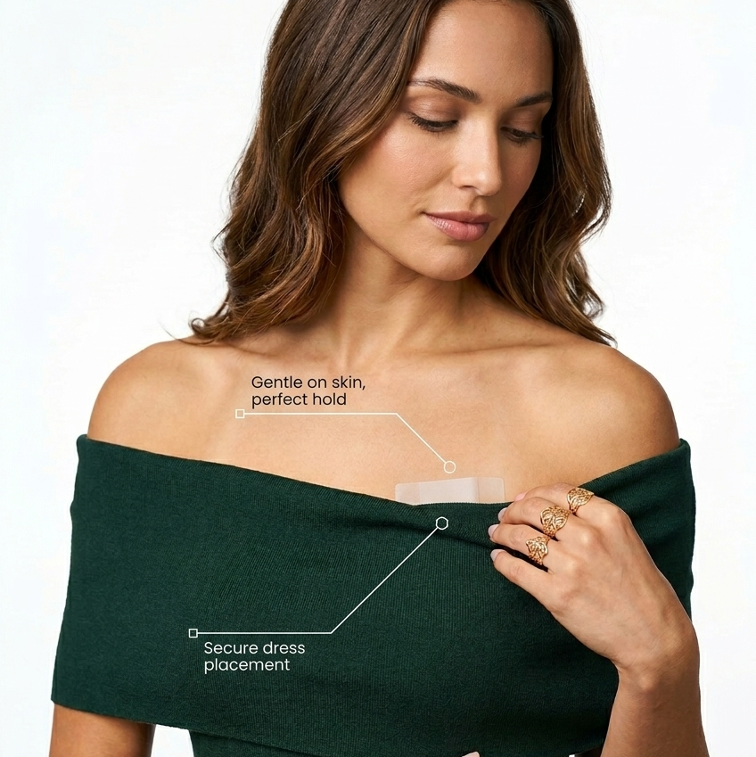 A woman wearing a dark green off-the-shoulder dress, demonstrating the application of a transparent adhesive bandage under the bust. White text callouts with lines point to the bandage, highlighting its gentle fit and secure placement.