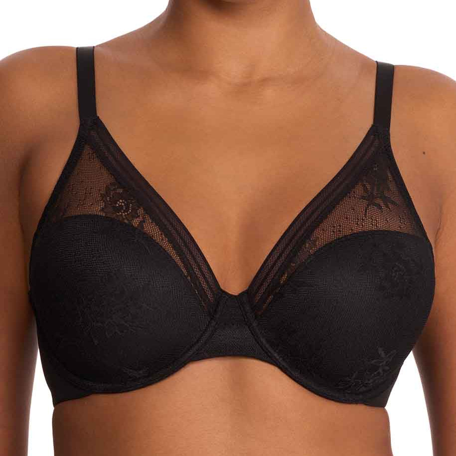 Black bra worn by a model on a plain background