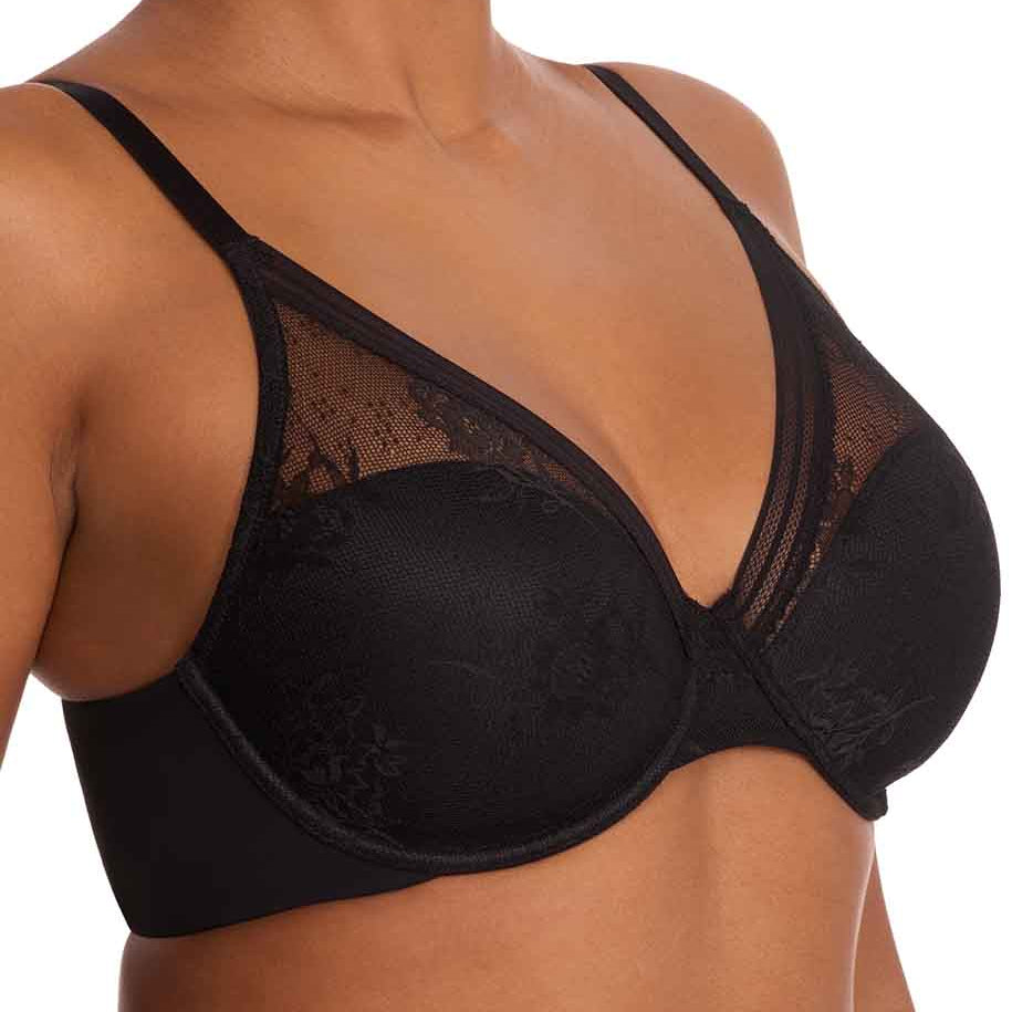 Black bra worn by a model on a plain background