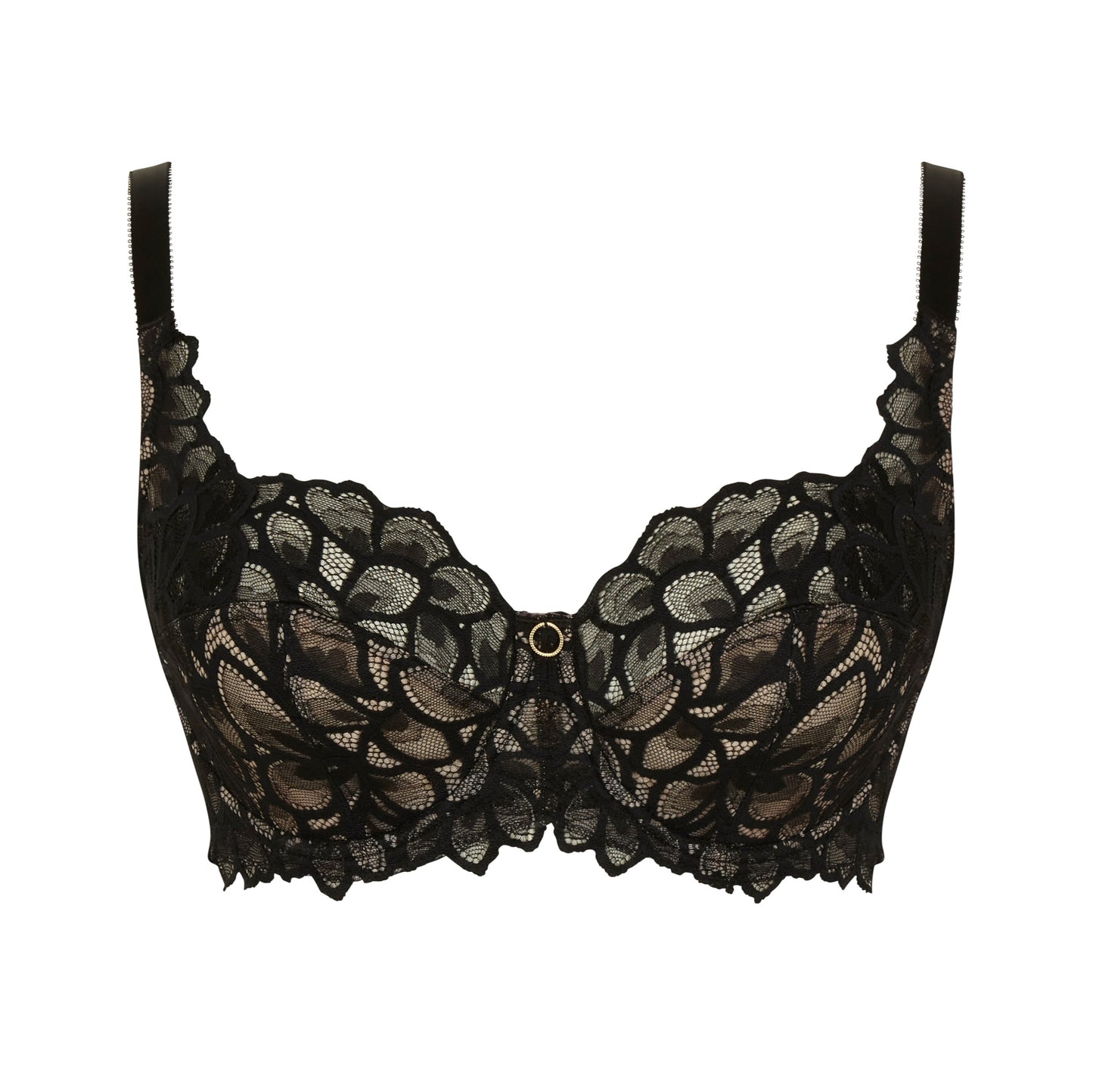 Black lace bra on a white background