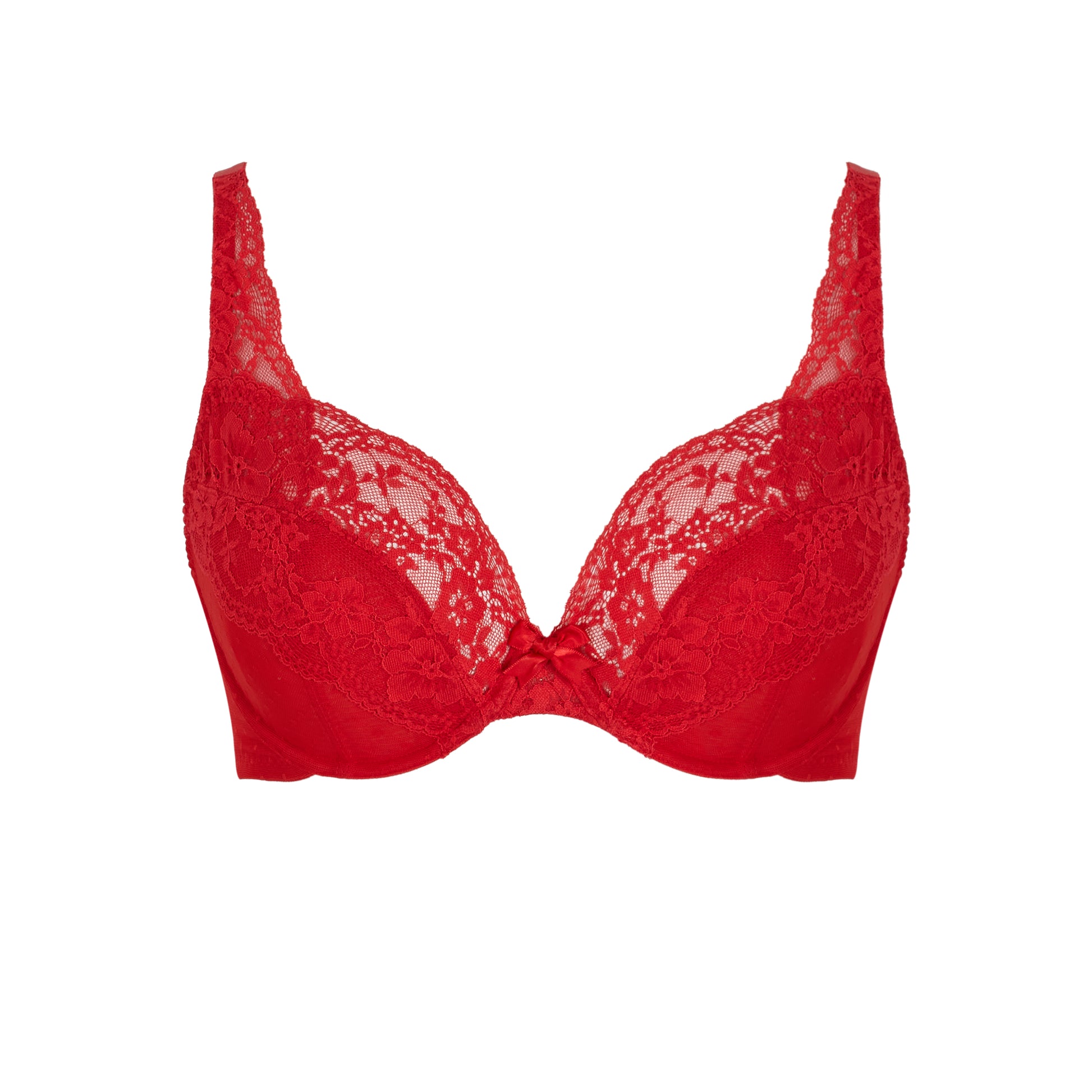 Red lace bra on a white background