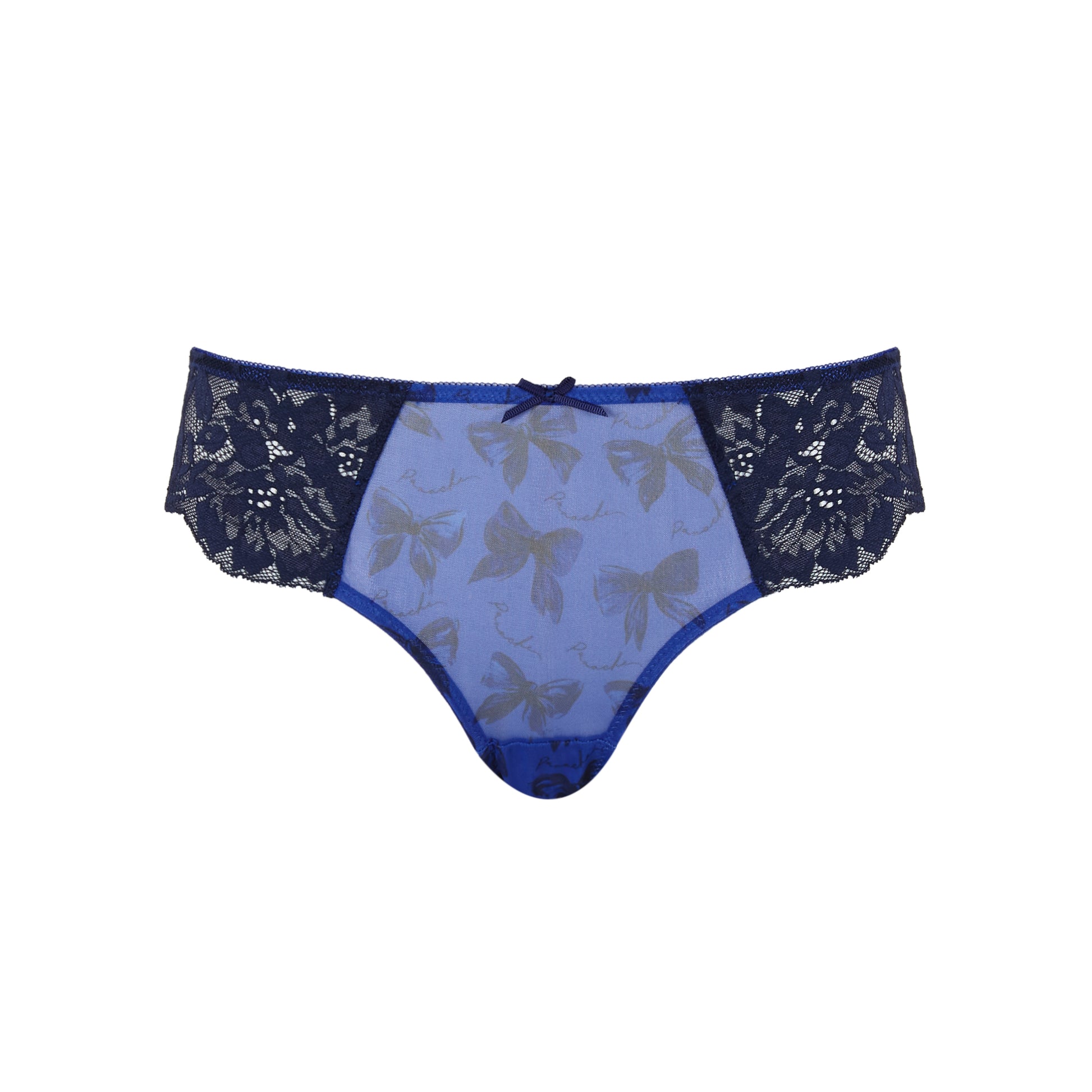 Blue lace underwear with bow pattern on a white background
