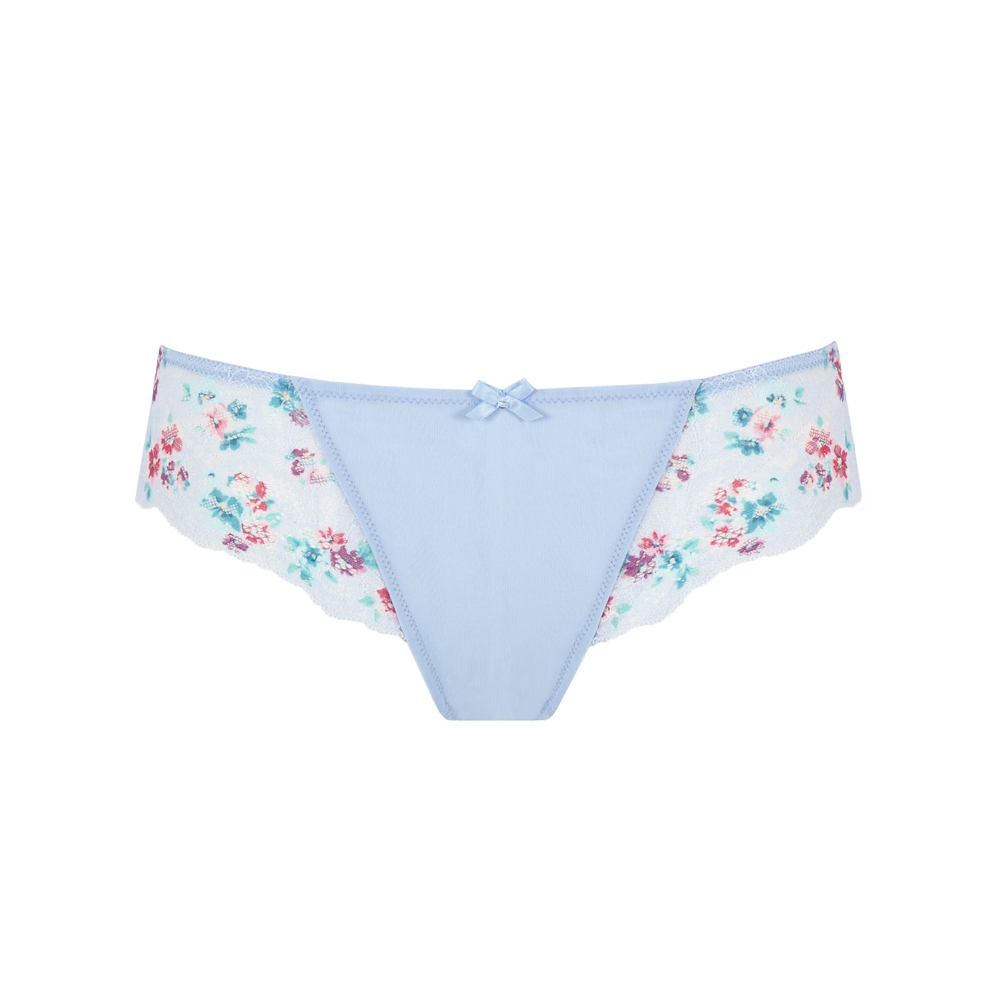 Floral-patterned underwear with a light blue waistband on a white background