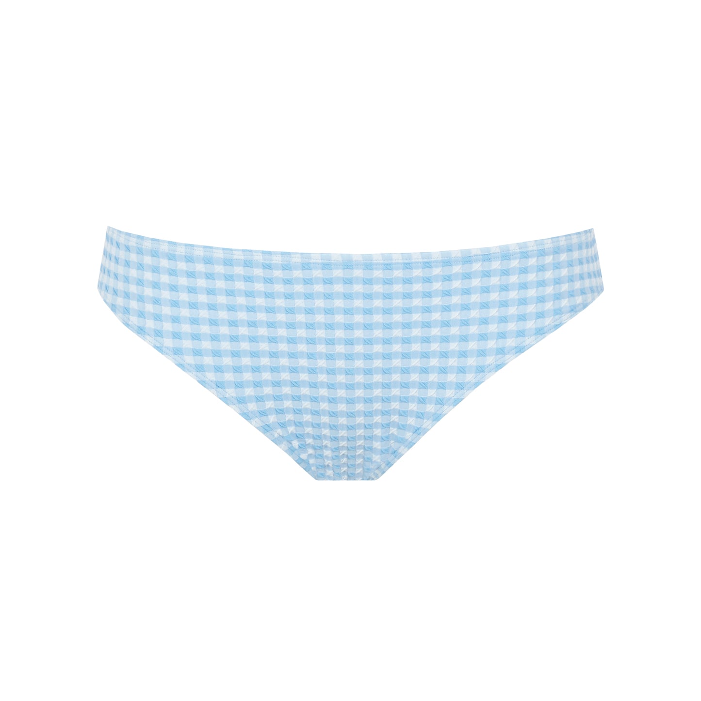 Blue and white checkered bikini bottom on a white background