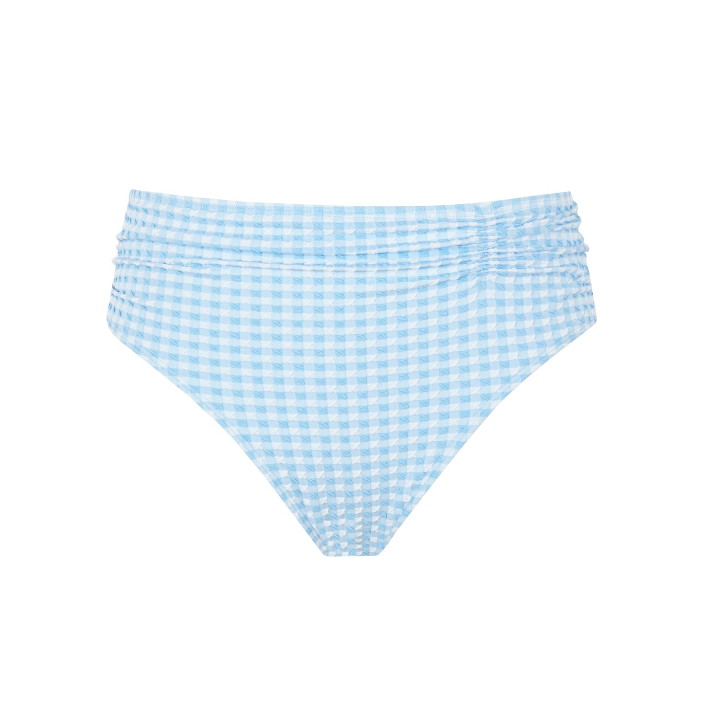 Blue and white checkered bikini bottom on a white background