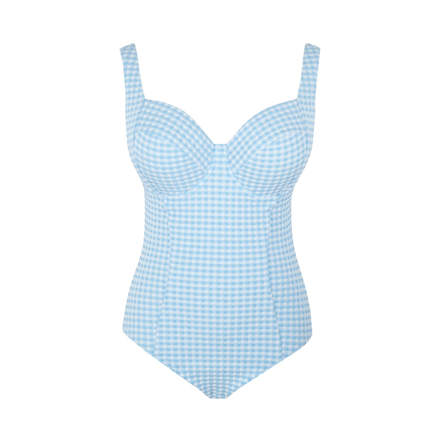 Blue and white checkered swimsuit on a white background