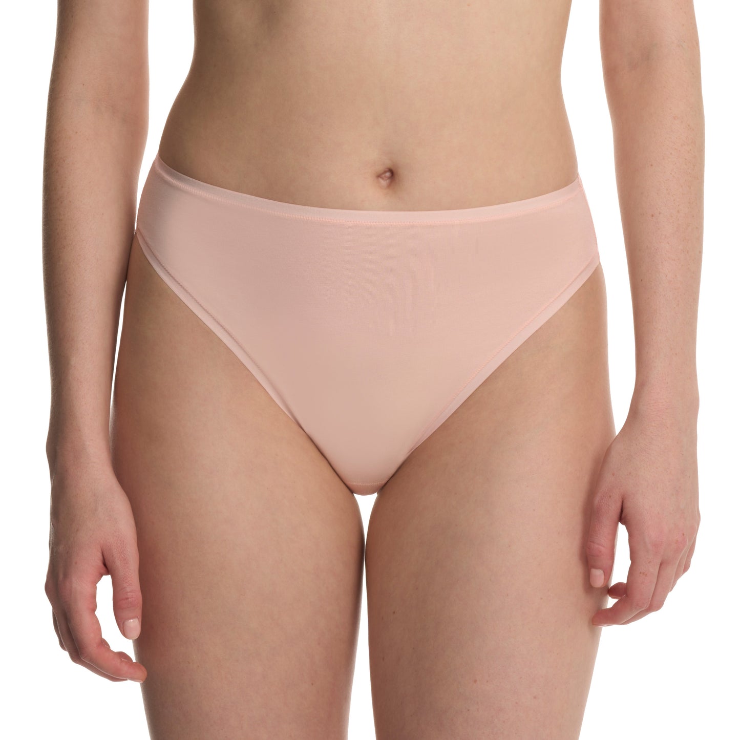 Person wearing a light pink bikini bottom on a white background