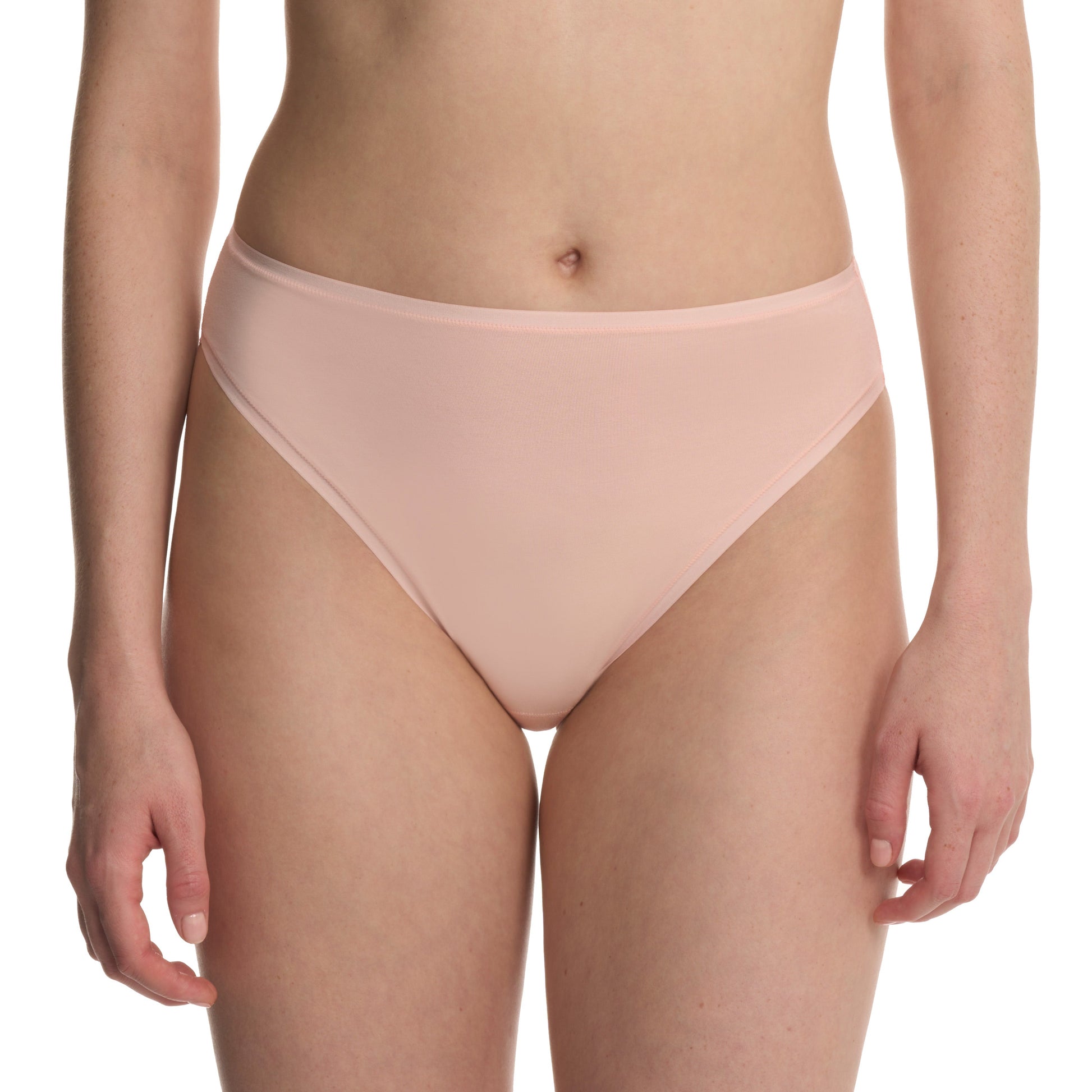 Person wearing a light pink bikini bottom on a white background