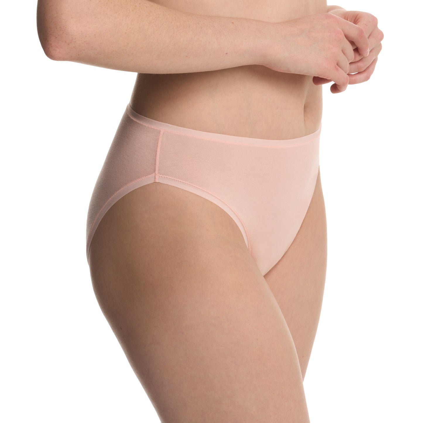 Light pink underwear worn by a person on a white background