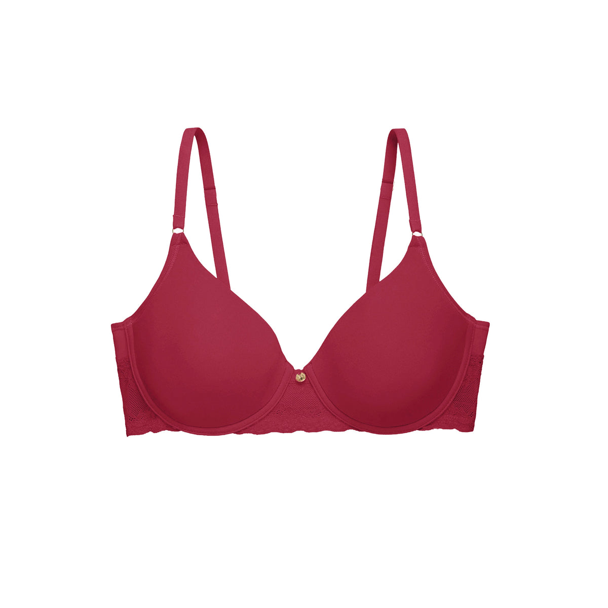 A red underwire bra with adjustable shoulder straps and a small gold button at the center front, shown against a plain white background.