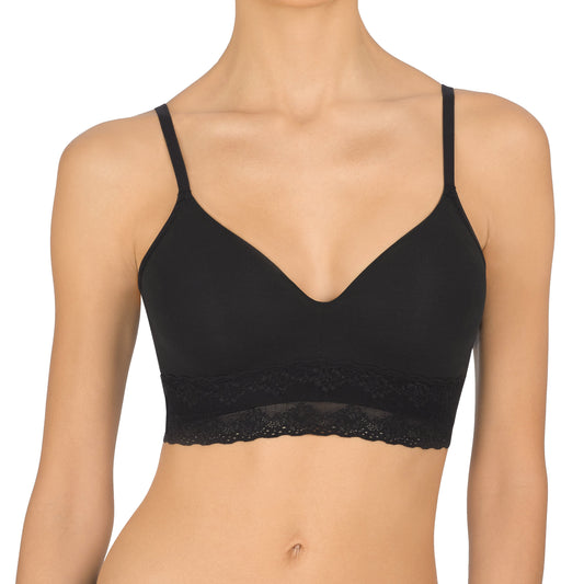 Black bralette worn by a model on a white background