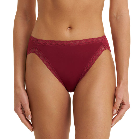 Maroon lace underwear worn by a model on a white background