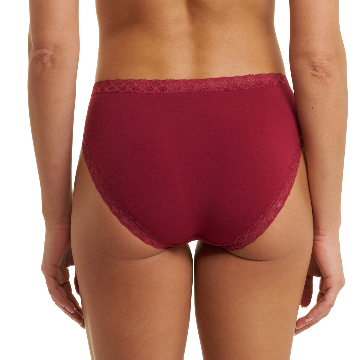 Maroon underwear with lace trim on a white background