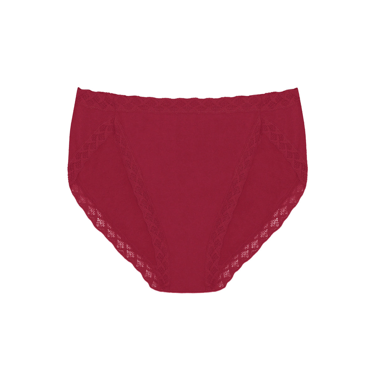 A pair of high-waisted red lace panties shown flat against a solid white background.