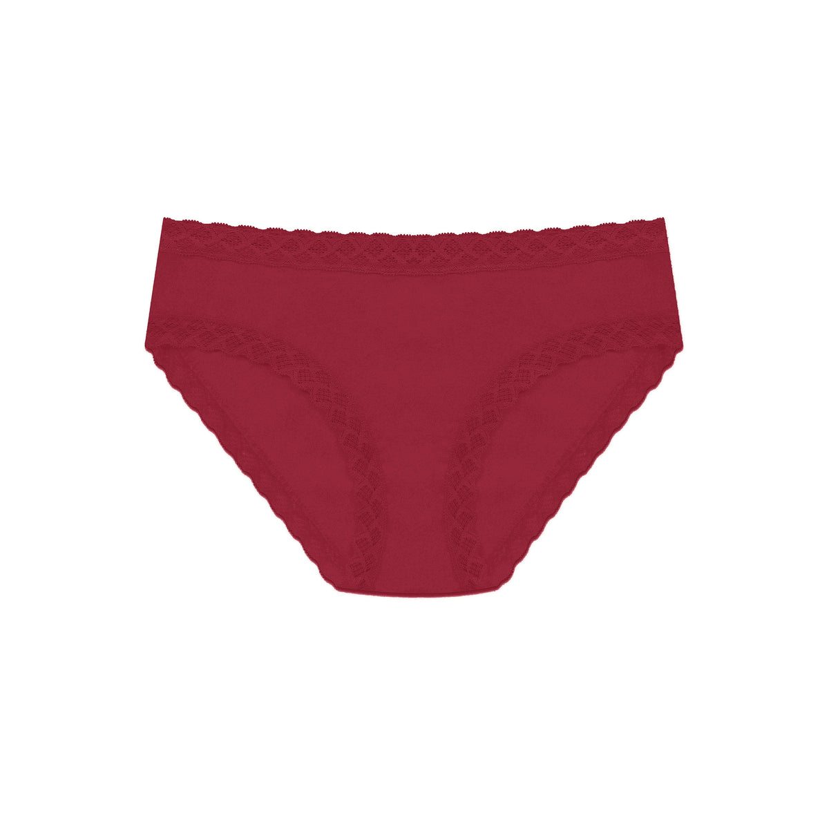 A pair of women's high-waisted briefs in deep burgundy red, featuring delicate lace trim along the waistband and leg openings, shown against a plain white background.
