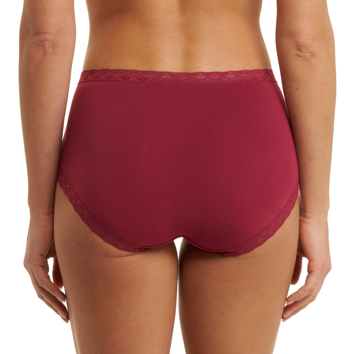 Maroon underwear worn by a person on a white background