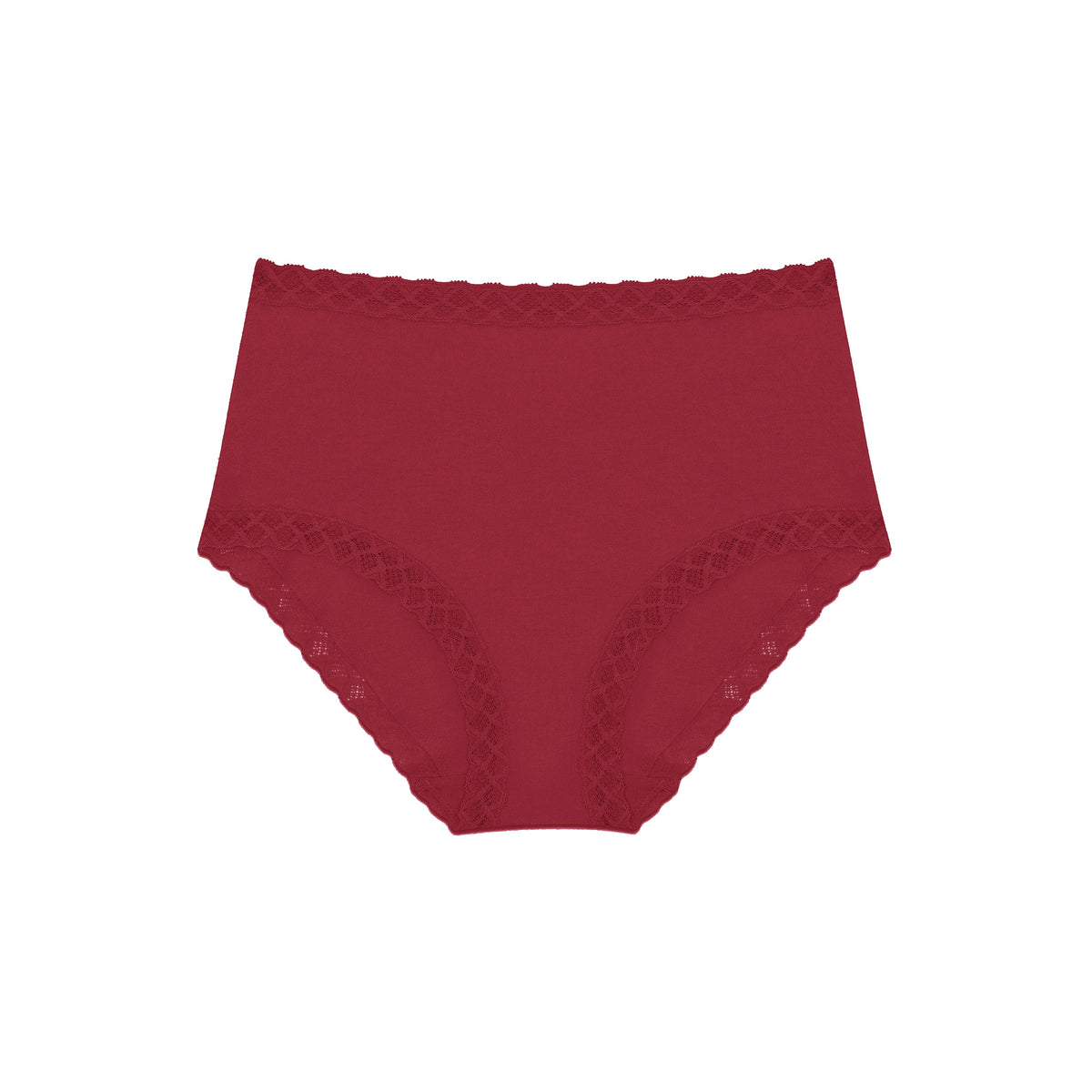 A pair of high-waisted red underwear with delicate lace trim along the waistband and leg openings, displayed against a solid white background.
