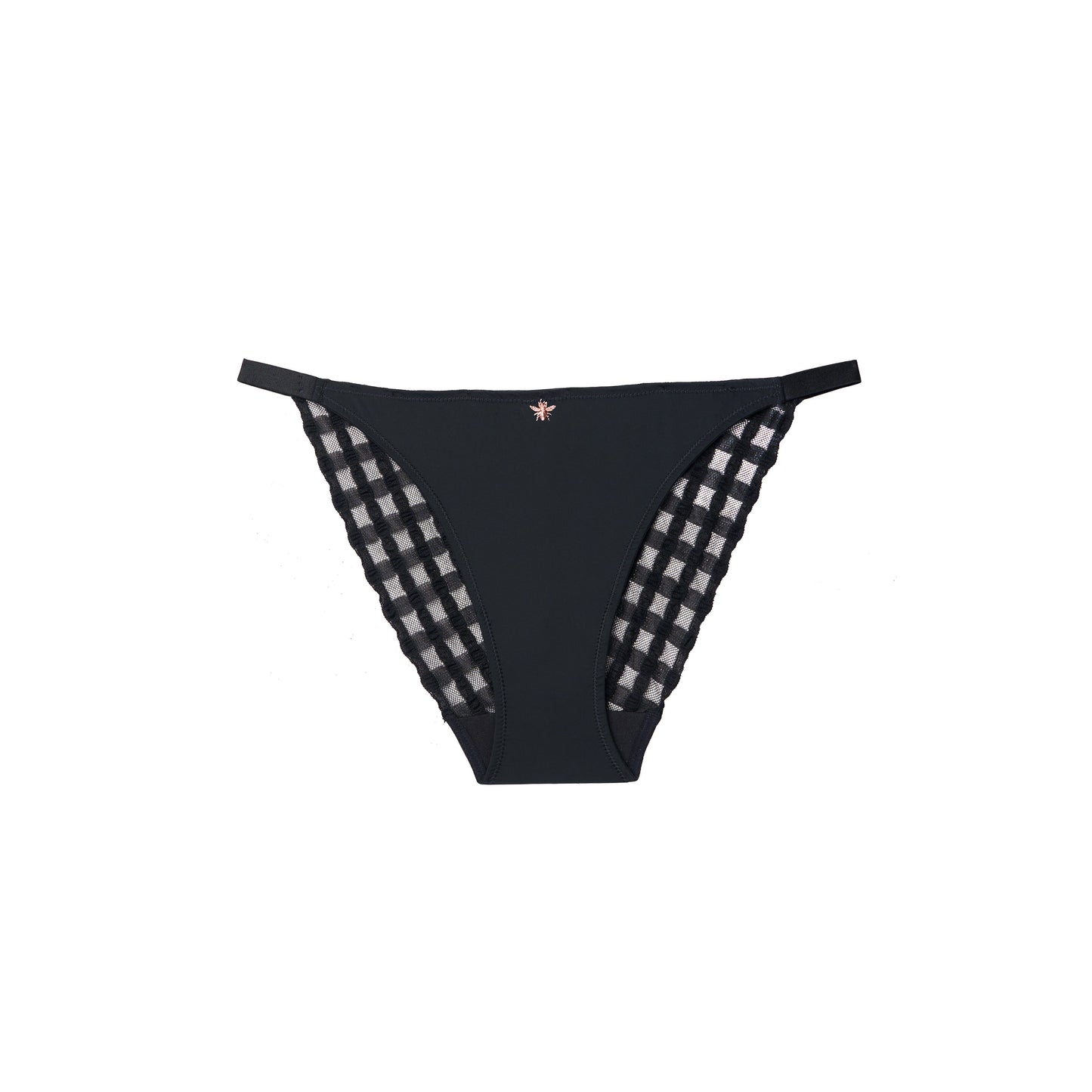 Black bikini bottom with checkered sides on a white background