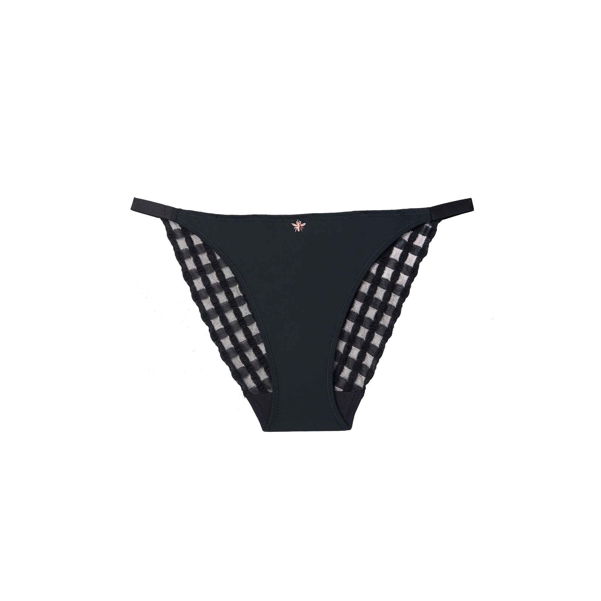 Black bikini bottom with checkered sides on a white background