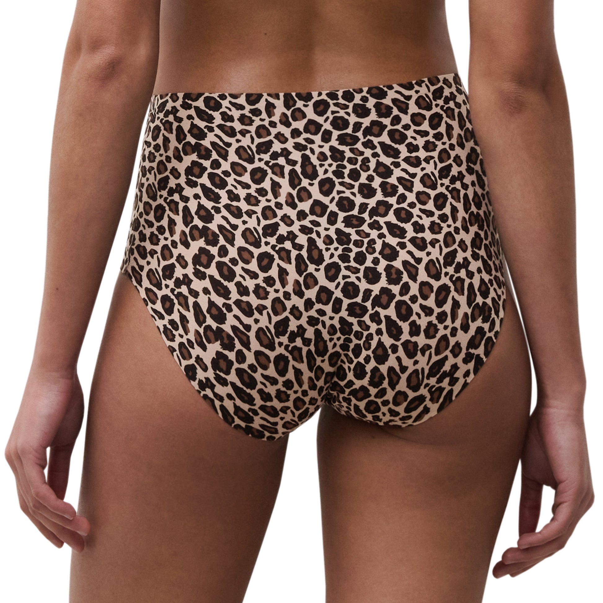 Leopard print high-waisted bikini bottom on a white background