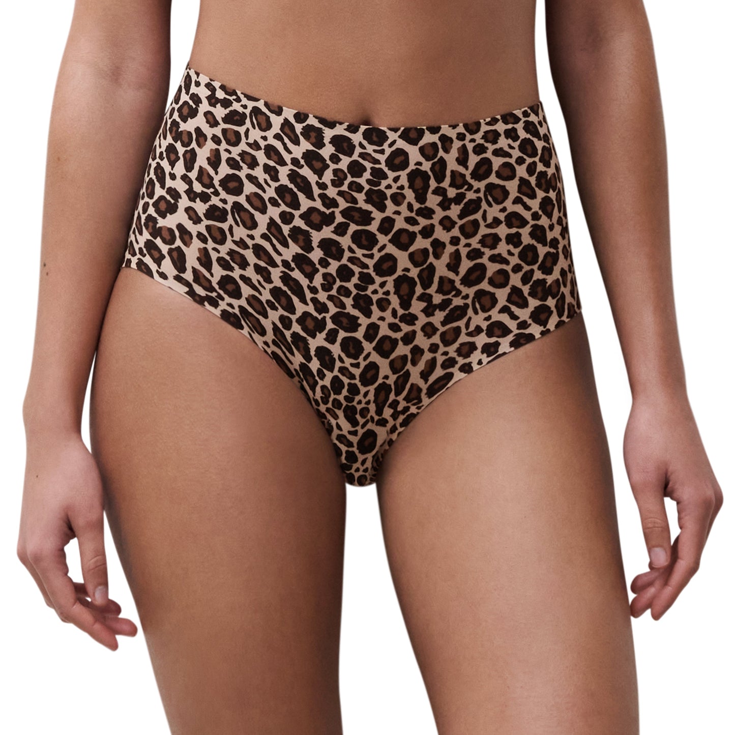Leopard print high-waisted bikini bottom on a white background