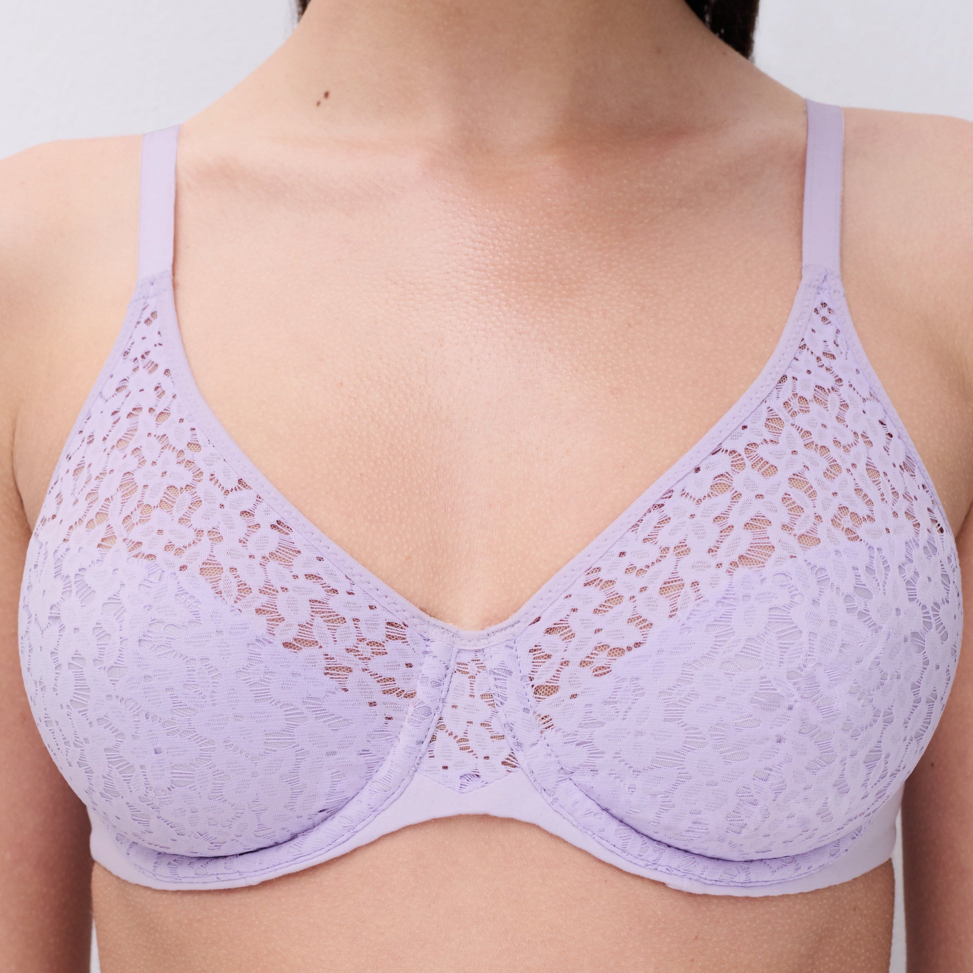Lavender lace bra on a plain background