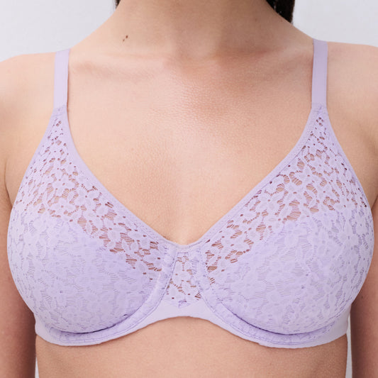 Lavender lace bra on a plain background