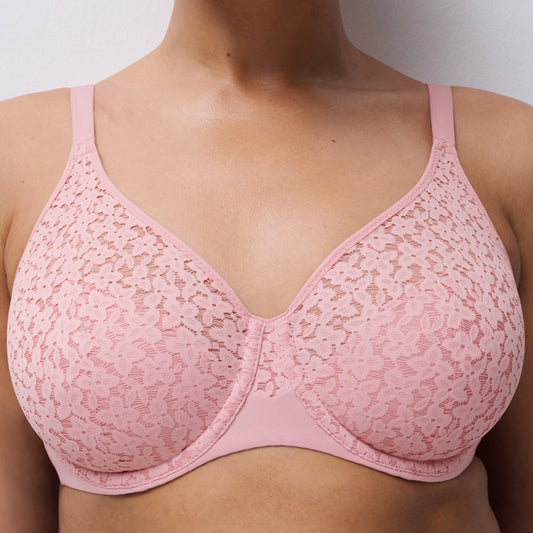 Pink lace bra on a plain background