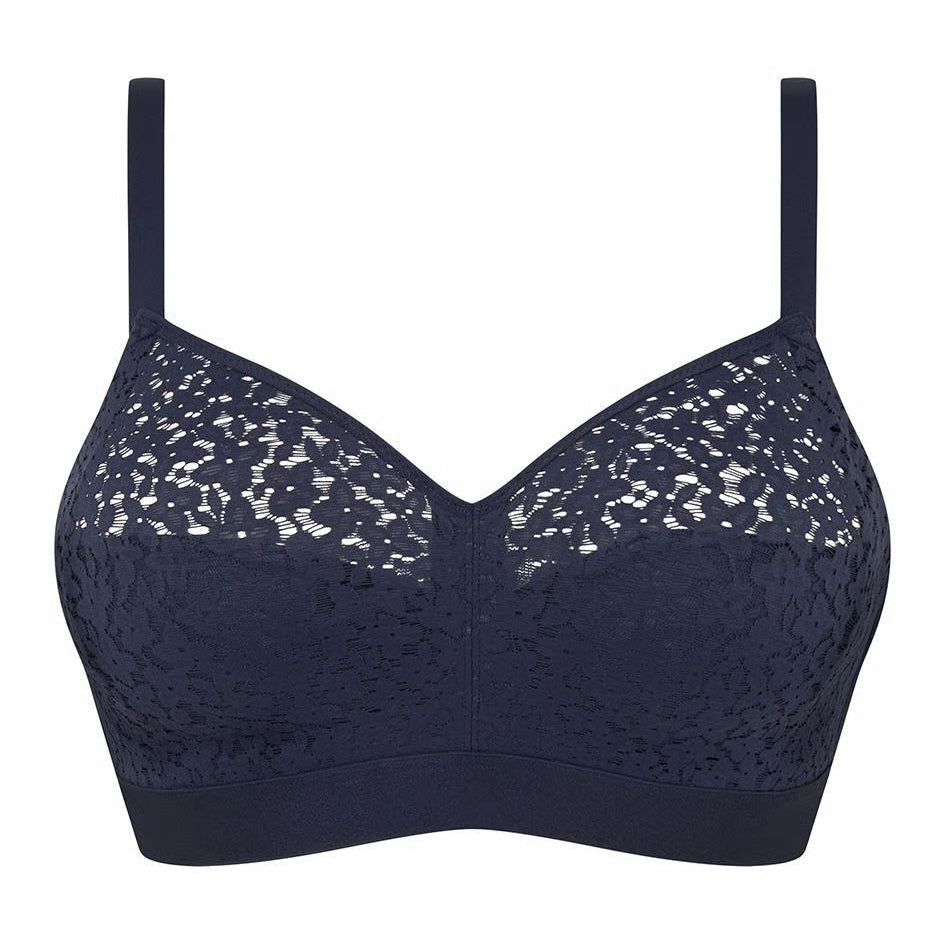 A navy blue underwire bra featuring intricate floral lace cups and solid elastic straps, shown against a plain white background.