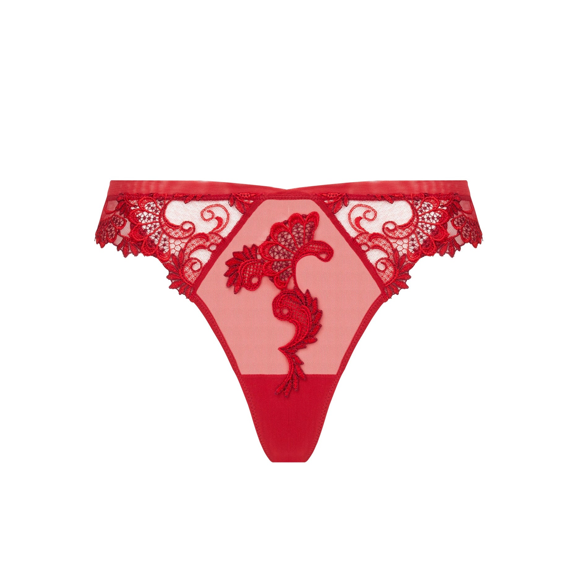 Red lace thong with intricate design on a white background