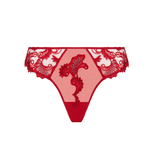 Red lace thong on a white background