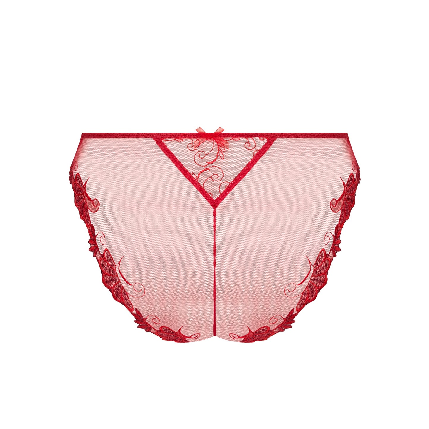Red lace lingerie set on a white background