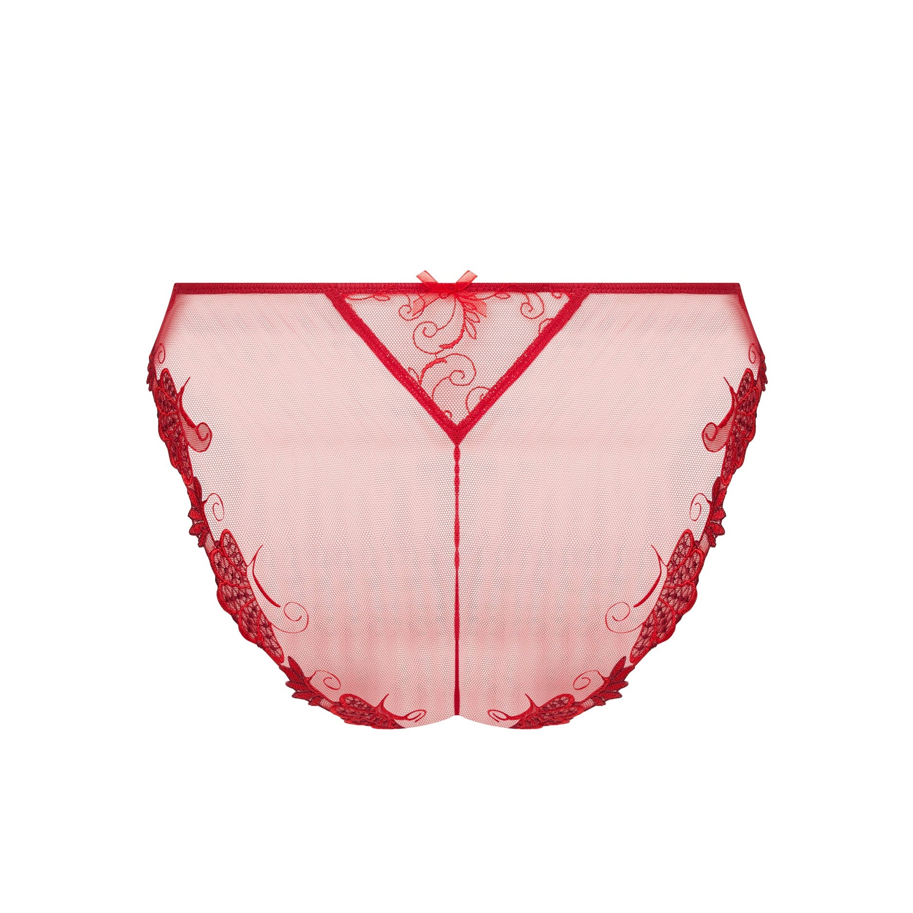 Red lace lingerie set on a white background