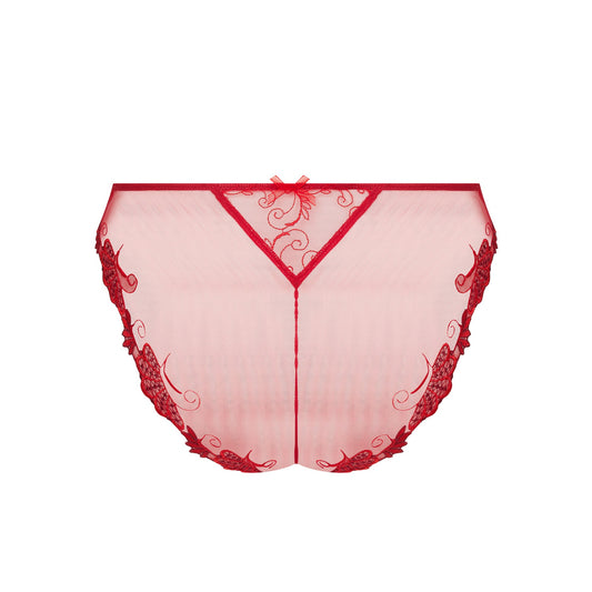 Red lace lingerie set on a white background
