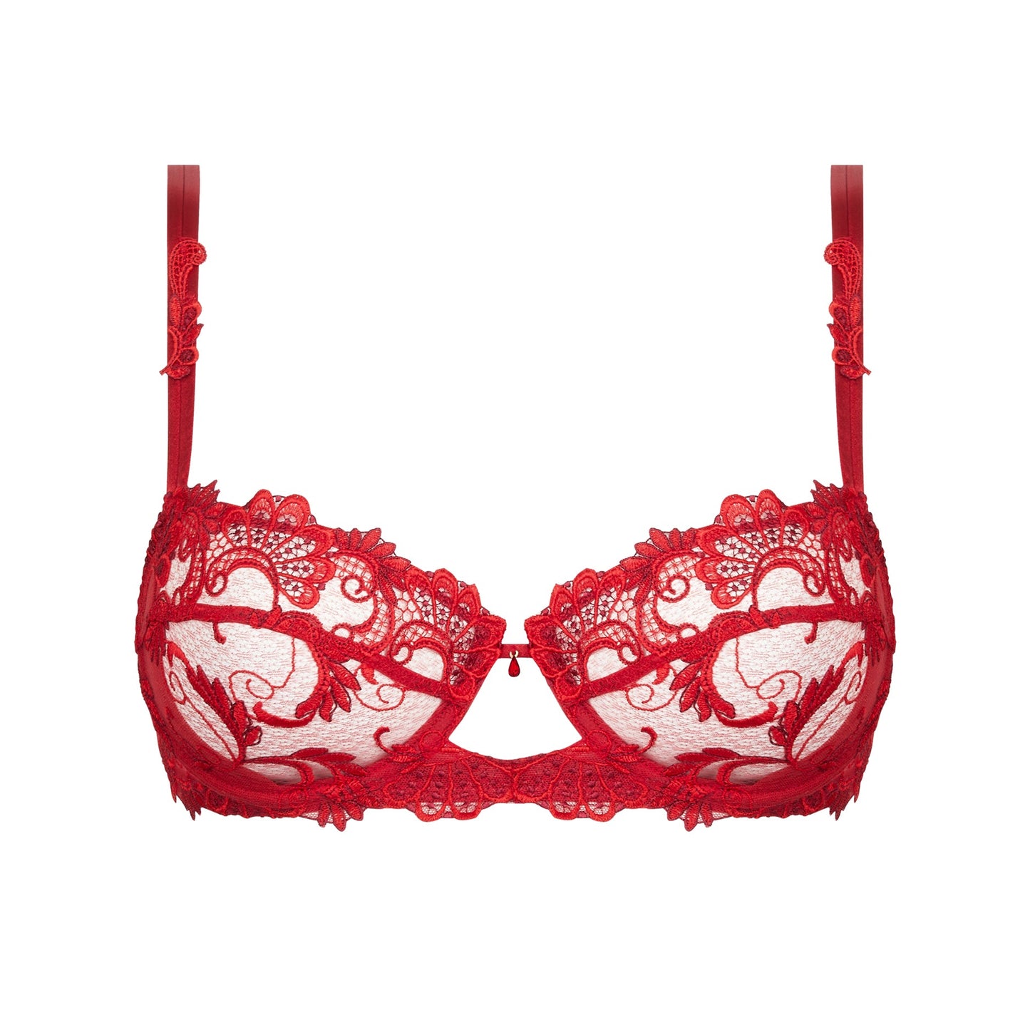 Red lace bra on a white background