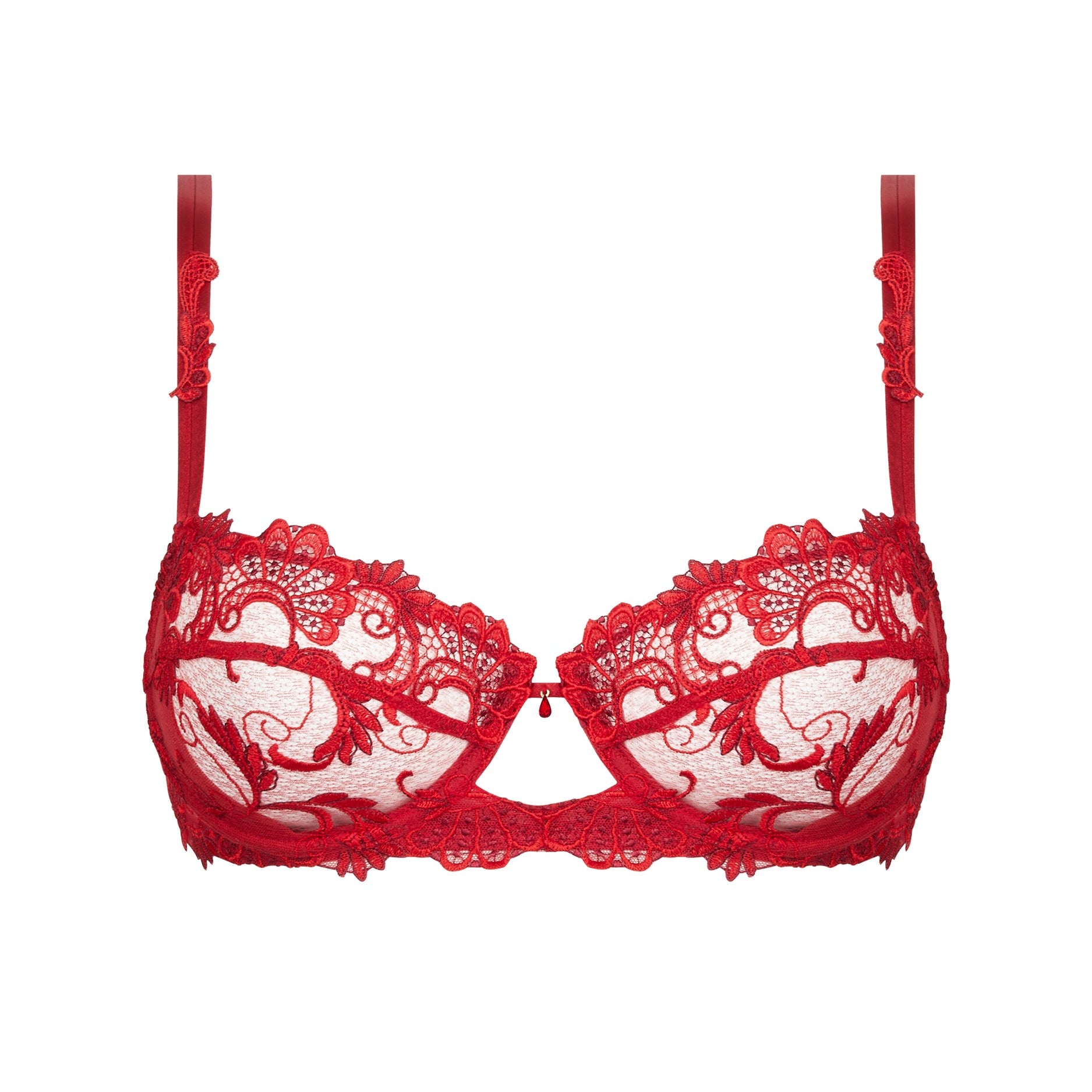 Red lace bra on a white background