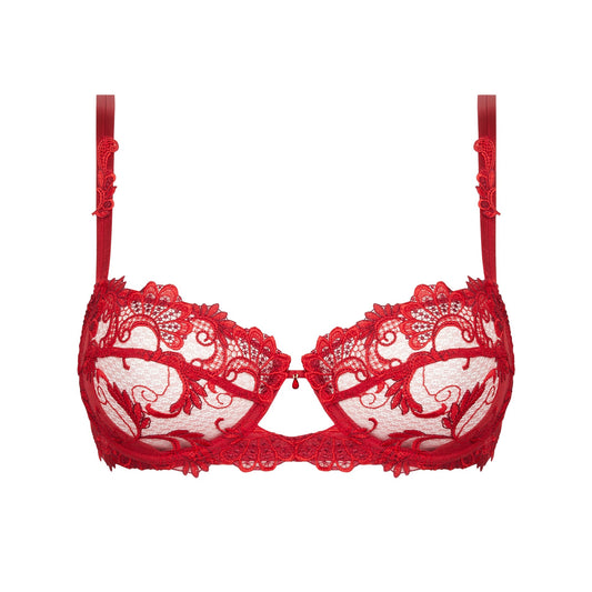 Red lace bra on a white background